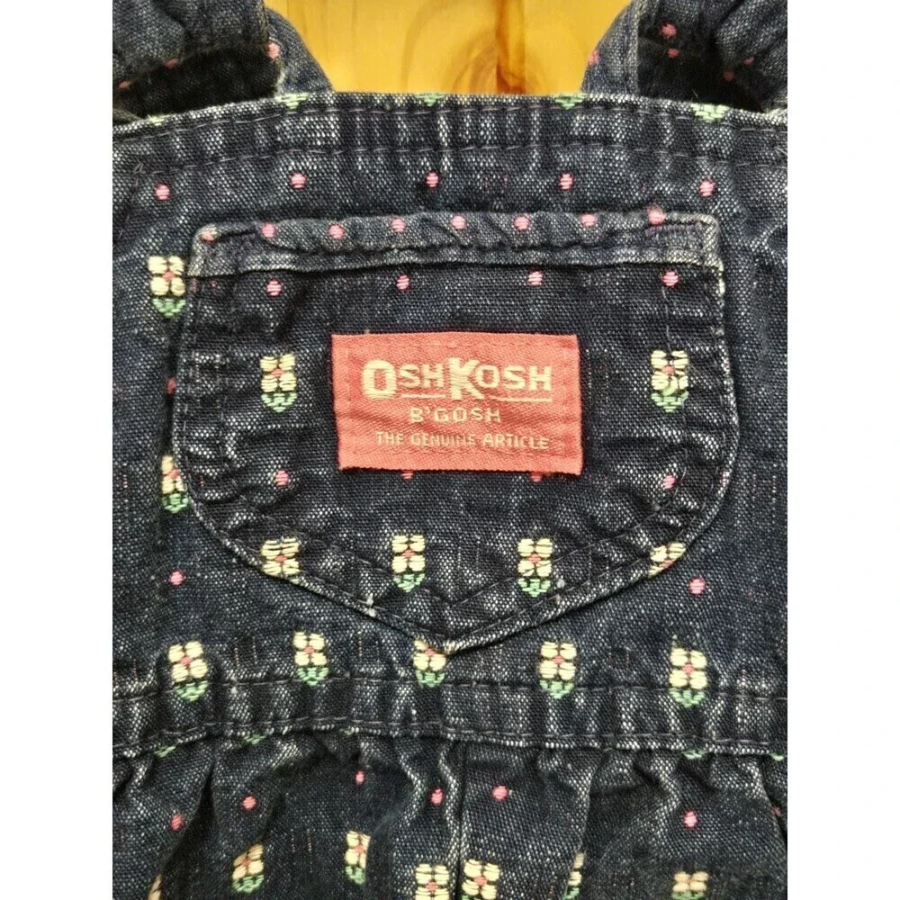 VINTAGE OSHKOSH B'GOSH COTTON DENIM BID OVERALLS 1980S DAISY FLORAL BABY 12 MONS